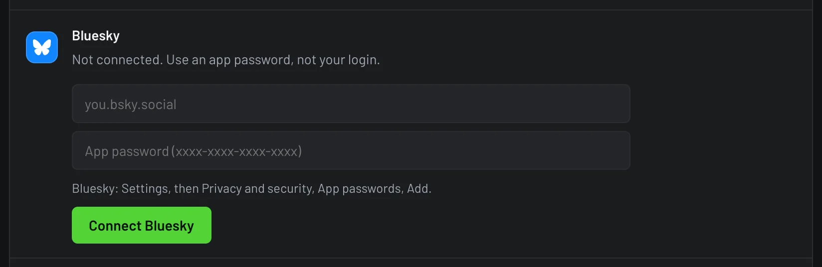 SlipRelay Accounts screen: Connect with Bluesky, with the app password option underneath