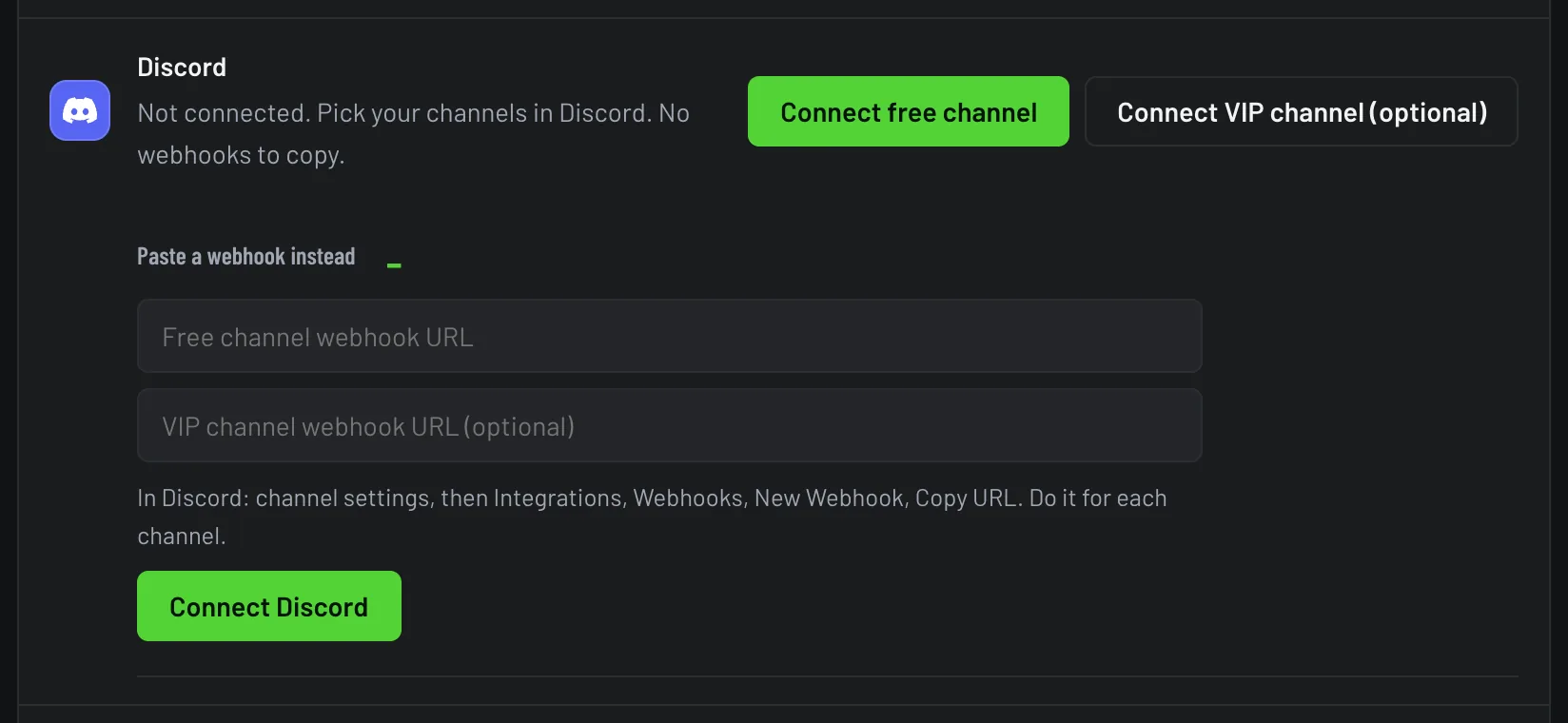 SlipRelay Accounts screen: Discord connected to a free channel, with the button to add a VIP channel
