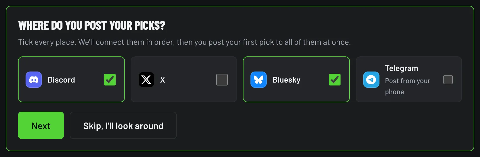 The first-run guide on New post: Where do you post your picks? with Discord and Bluesky ticked, Next and Skip
