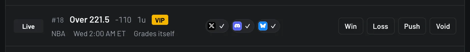 An open pick marked Grades itself with Win, Loss, Push and Void buttons