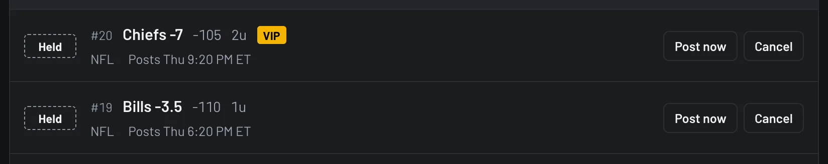 Held picks in the Picks tab with Post now and Cancel
