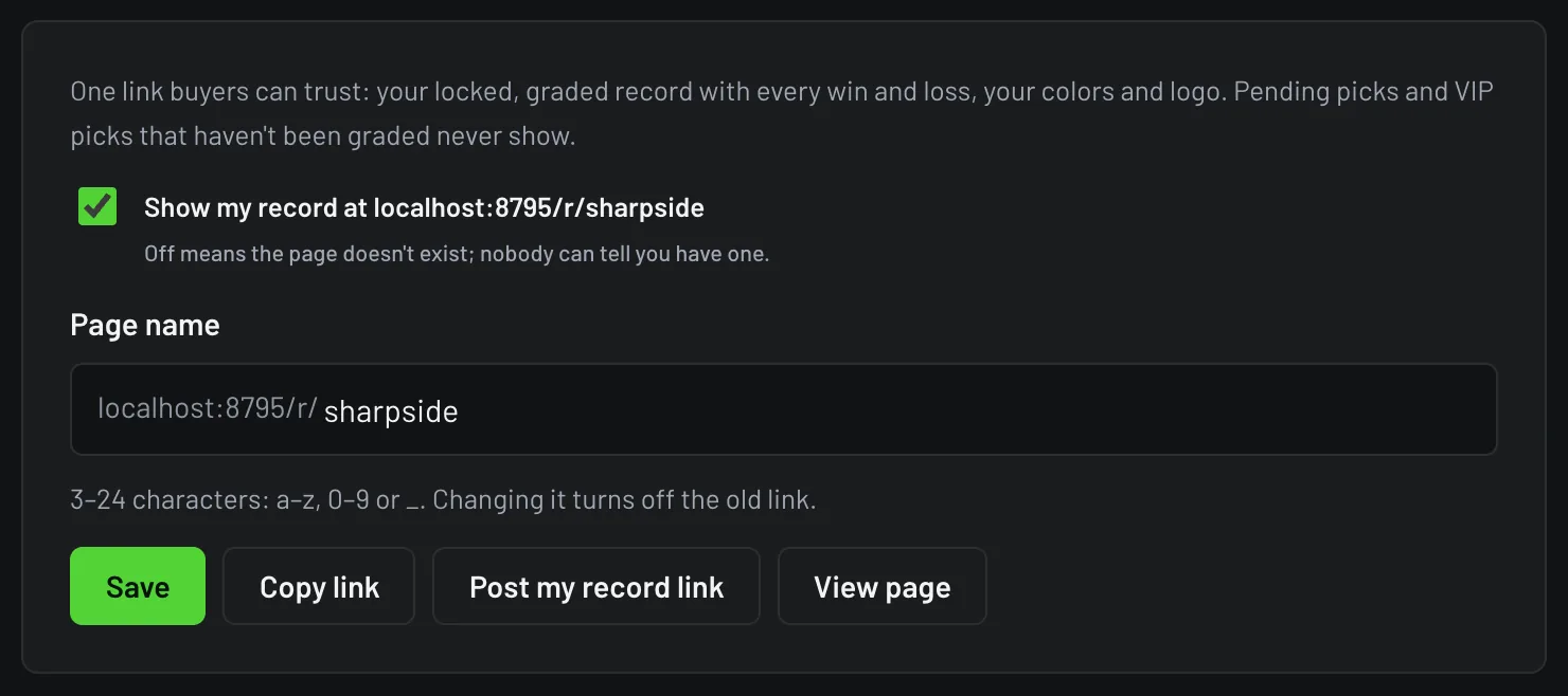 Accounts, Public record page: the Show my record toggle, page name, Copy link and Post my record link